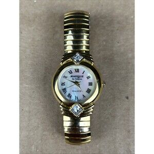 Vtg Magique By Helbros Watch Women Gold Tone MOP Stretch Band Needs Battery  W16
